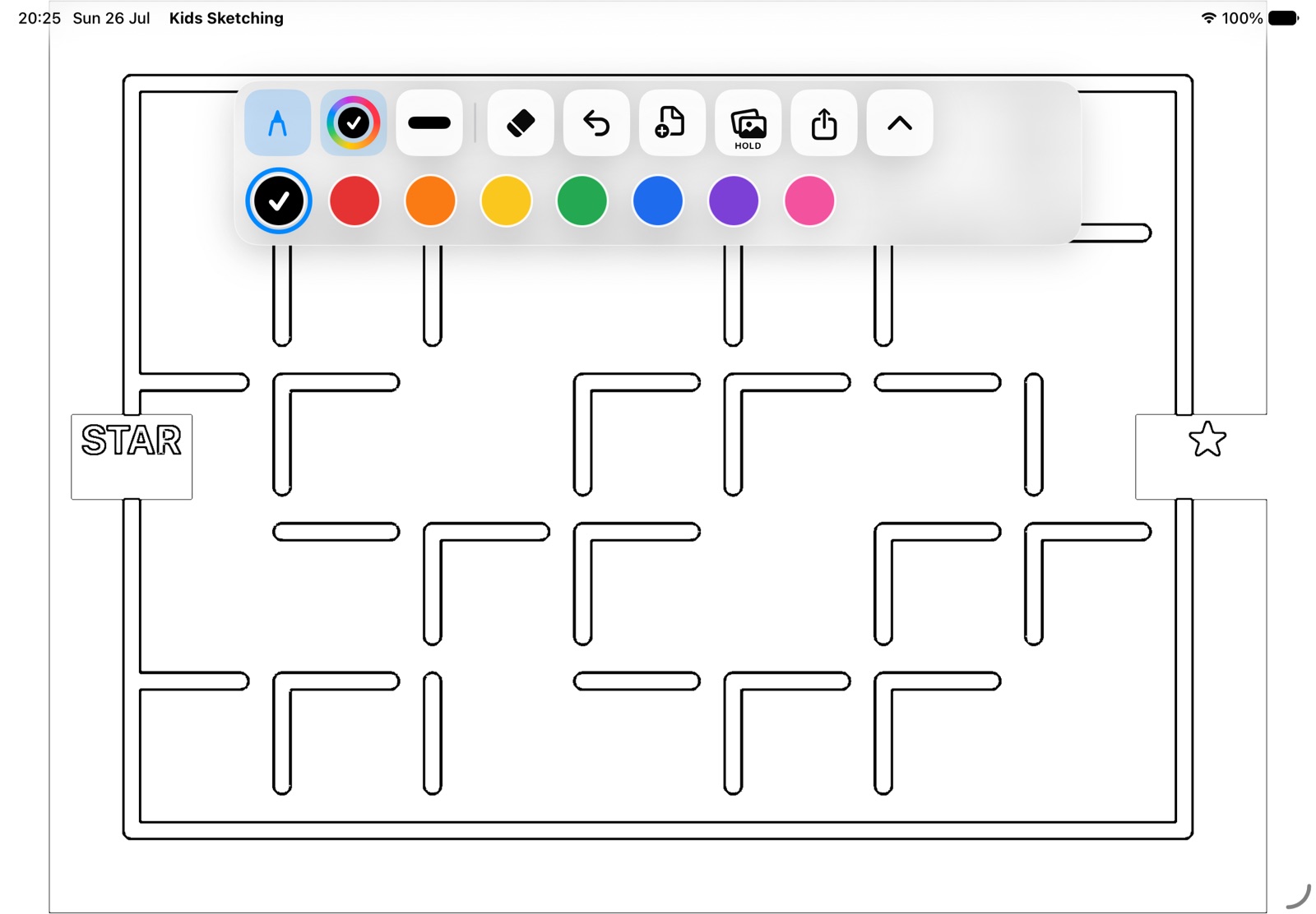 Cub Draw canvas showing a maze and large visual drawing controls