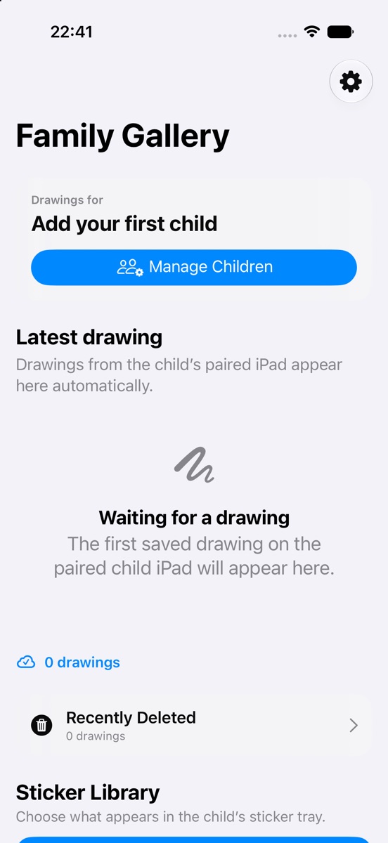 Cub Draw Family Gallery on an iPhone, showing parent controls for children, drawings and stickers