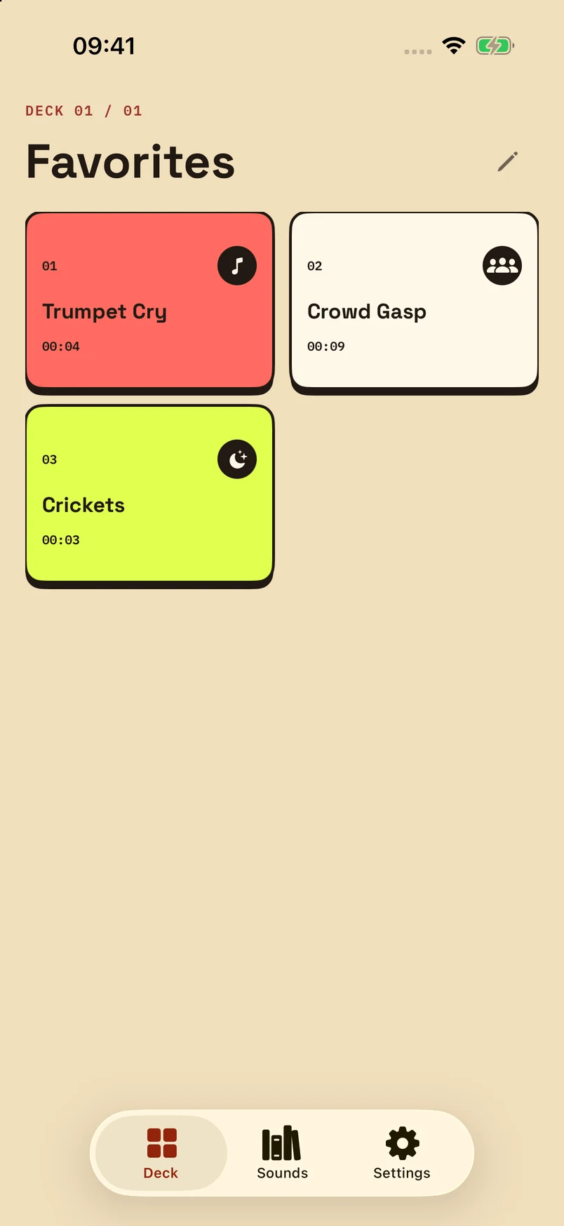 The Favorites deck and its three named, numbered sound keys